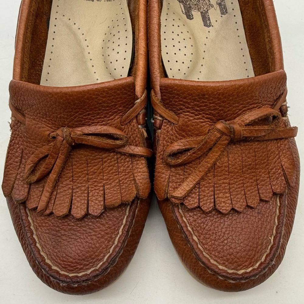 SAS Kiltie Womens 7.5 W Cognac Brown Pebbled Leather Moccasin Loafers Fringe - Picture 2 of 9